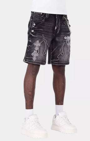 Guapi black streetwear denim shorts with cross detailing and luxury craftsmanship.