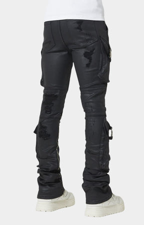 Tonal black distressed detailing on waxed denim.