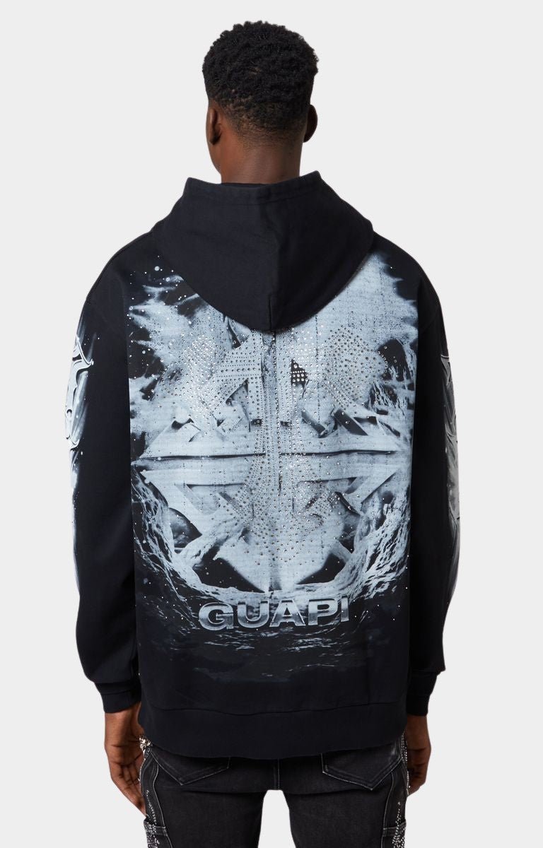 Guapi Black Heavens Vault Hoodie V3 back view with cracked vault emblem graphic