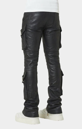 Tonal distressed detailing on black leather pants.