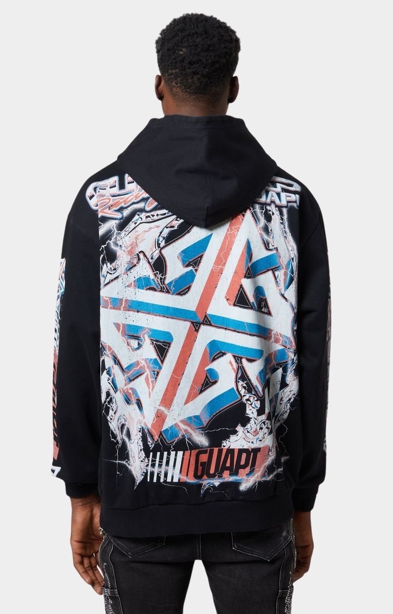 Back view of Guapi Nitro Drift Hoodie with oversized monogram.