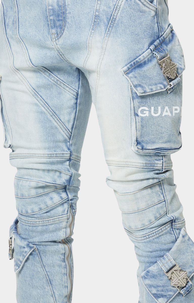 Oversized cargo pockets on Guapi Aqua Black Ops denim.