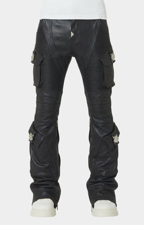 GUAPI Black Ops Leather Pant front view with cargo pockets.