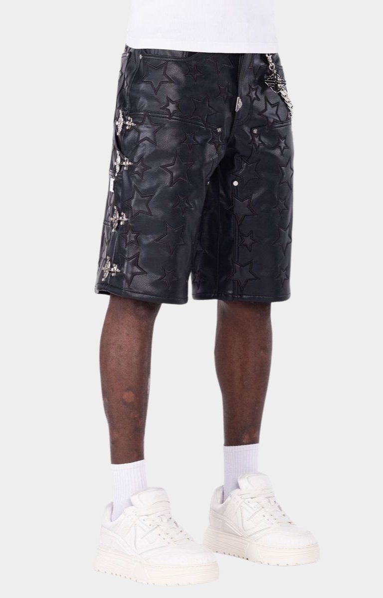 Premium PU leather shorts with luxury streetwear styling.