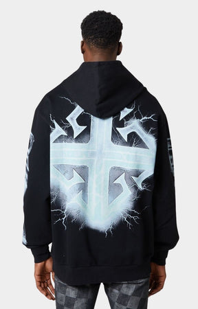 Back view featuring glowing cross and lightning bolt design