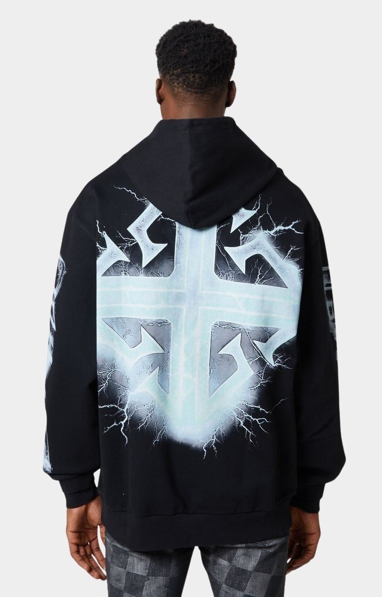 Back view featuring glowing cross and lightning bolt design
