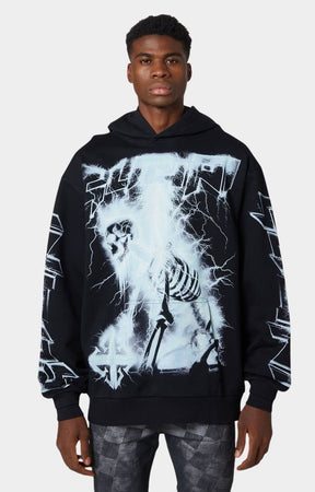 Front view of Guapi Black Revived Hoodie with lightning and skeleton artwork