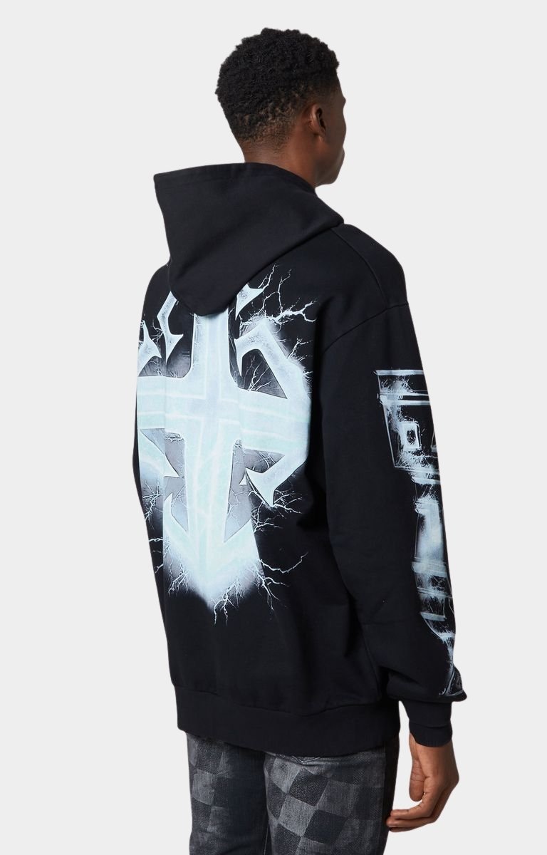 Hood detail with electric blue accents and bold graphic texture