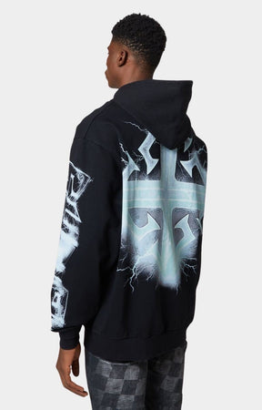 Sleeve detail showing printed lightning graphics on black hoodie