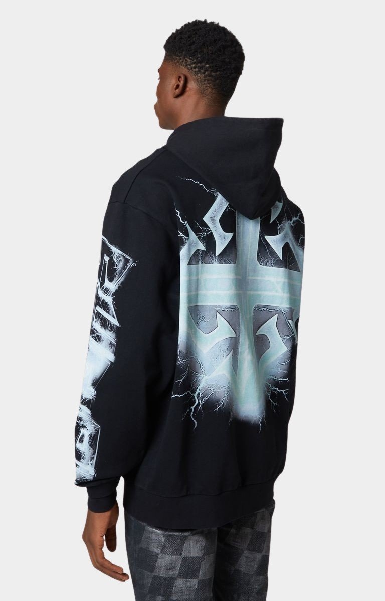 Sleeve detail showing printed lightning graphics on black hoodie