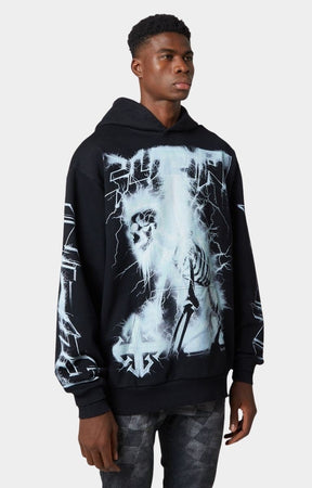 Signature Guapi cross emblem branding on black graphic hoodie