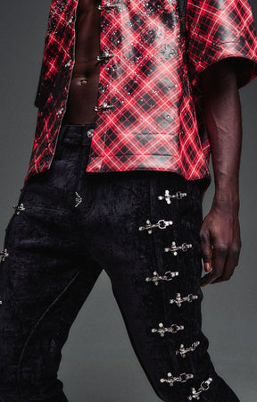 Guapi Black Velvet Aviation Clasp Pants featuring premium velvet, silver-tone aviation clasp hardware, tailored thigh construction, subtle flare, and GUAPI detailing.