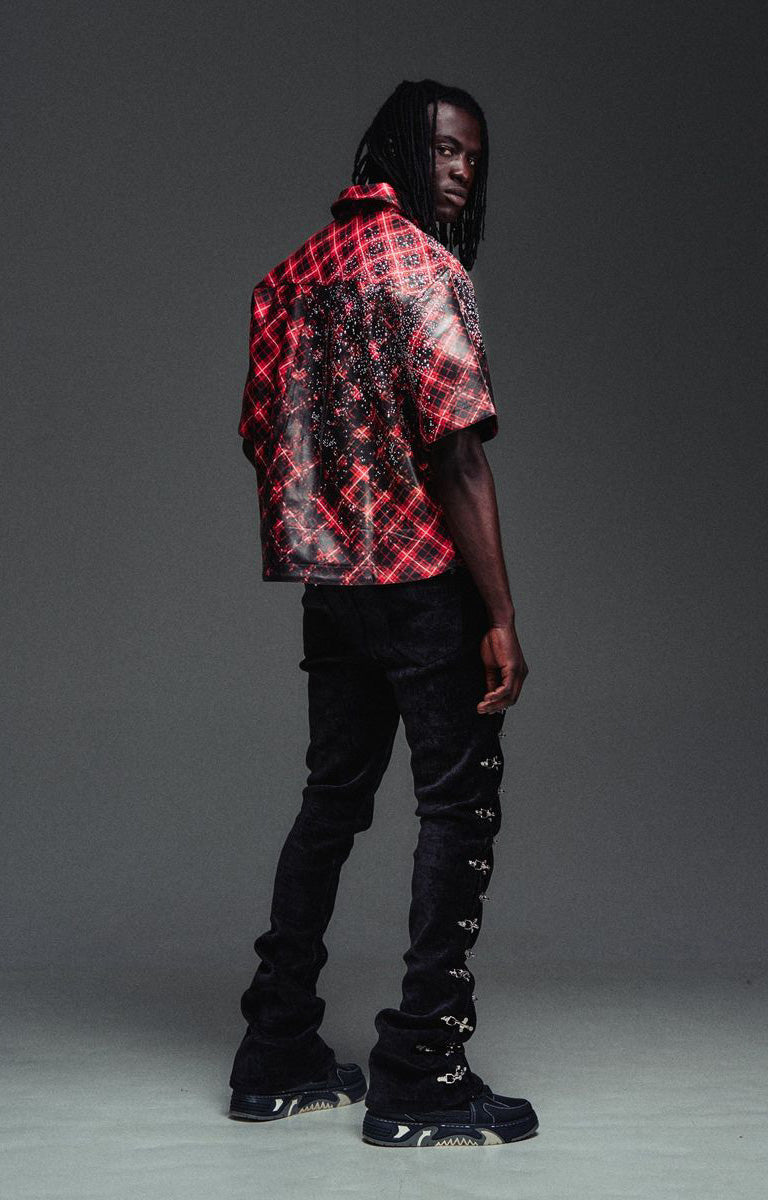 Guapi Black Velvet Aviation Clasp Pants featuring premium velvet, silver-tone aviation clasp hardware, tailored thigh construction, subtle flare, and GUAPI detailing.