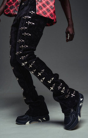 Guapi Black Velvet Aviation Clasp Pants featuring premium velvet, silver-tone aviation clasp hardware, tailored thigh construction, subtle flare, and GUAPI detailing.