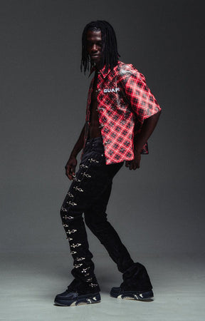 Guapi Black Velvet Aviation Clasp Pants featuring premium velvet, silver-tone aviation clasp hardware, tailored thigh construction, subtle flare, and GUAPI detailing.