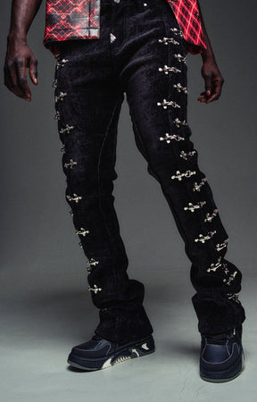 Guapi Black Velvet Aviation Clasp Pants featuring premium velvet, silver-tone aviation clasp hardware, tailored thigh construction, subtle flare, and GUAPI detailing.
