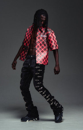 Guapi Black Velvet Aviation Clasp Pants featuring premium velvet, silver-tone aviation clasp hardware, tailored thigh construction, subtle flare, and GUAPI detailing.