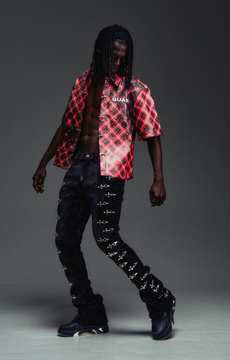 Guapi Black Velvet Aviation Clasp Pants featuring premium velvet, silver-tone aviation clasp hardware, tailored thigh construction, subtle flare, and GUAPI detailing.