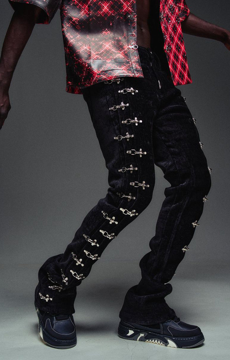 Guapi Black Velvet Aviation Clasp Pants featuring premium velvet, silver-tone aviation clasp hardware, tailored thigh construction, subtle flare, and GUAPI detailing.