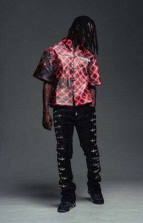 Guapi Black Velvet Aviation Clasp Pants featuring premium velvet, silver-tone aviation clasp hardware, tailored thigh construction, subtle flare, and GUAPI detailing.