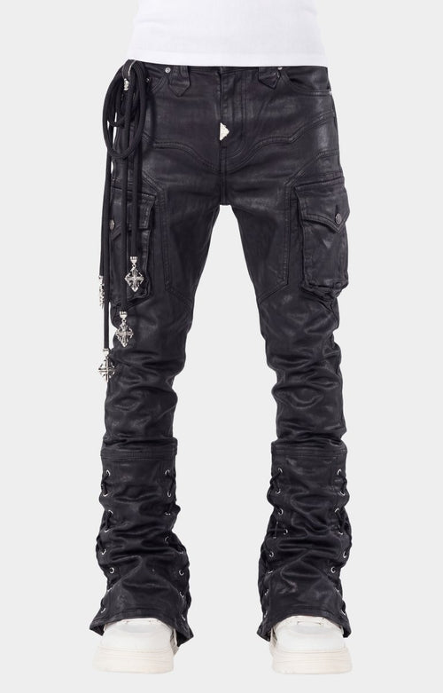 Guapi Black Waxed Rope Denim | Lace-Up Flared Cargo Jeans