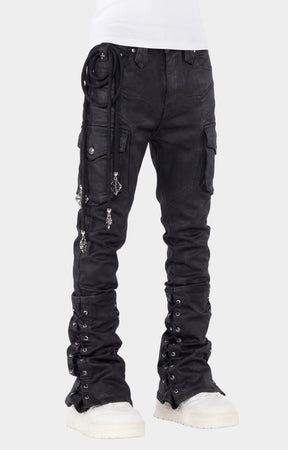 Rope attachment with metal pendants on guapi black waxed denim