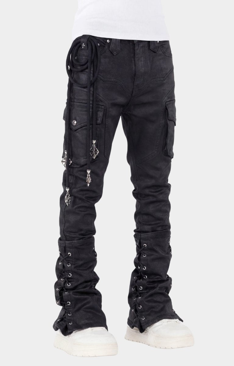 Rope attachment with metal pendants on guapi black waxed denim