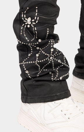 Slim flare stacked fit silhouette black denim. 