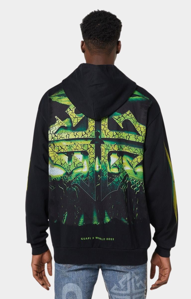 Back view of Guapi Black World Boss Hoodie V1 with cracked green cross emblem
