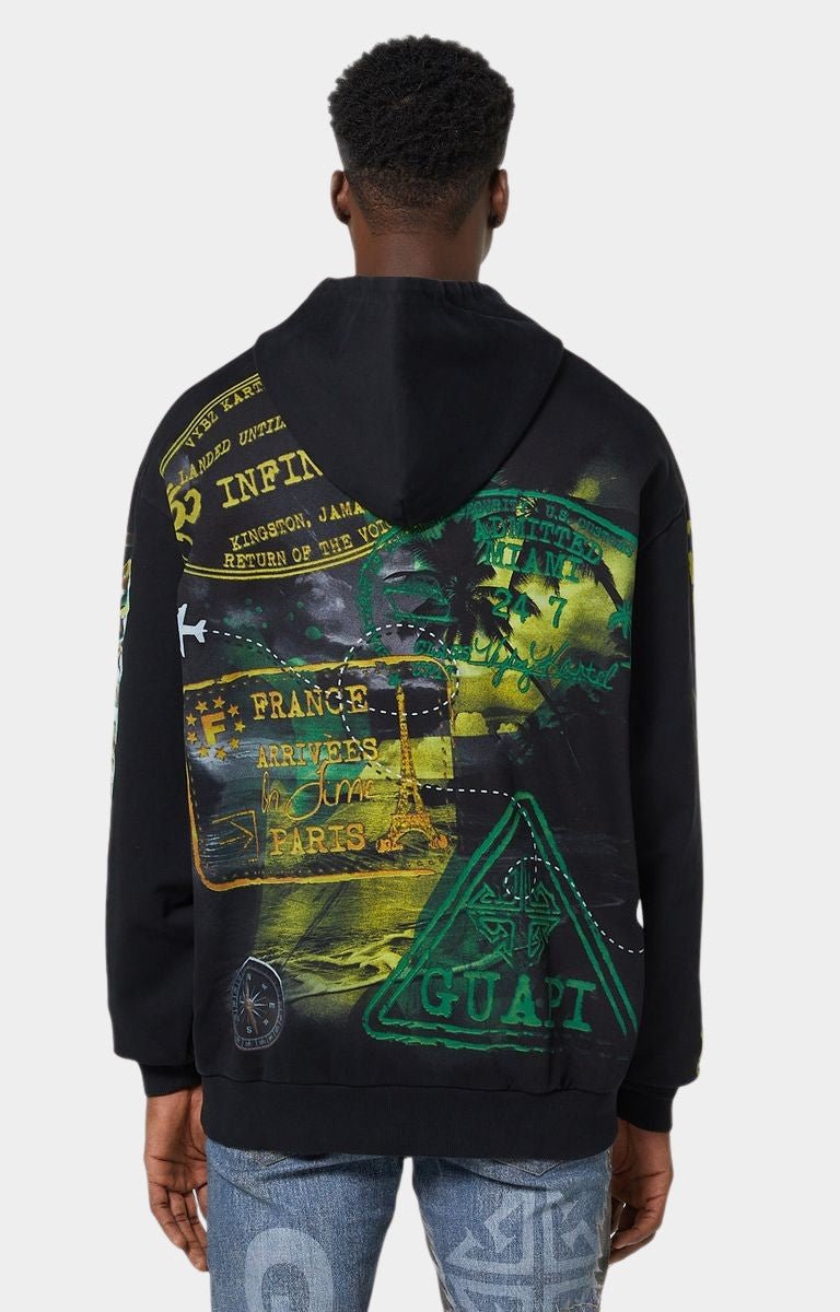 Back view of Guapi Black World Boss Hoodie V2 with passport stamp and palm tree artwork