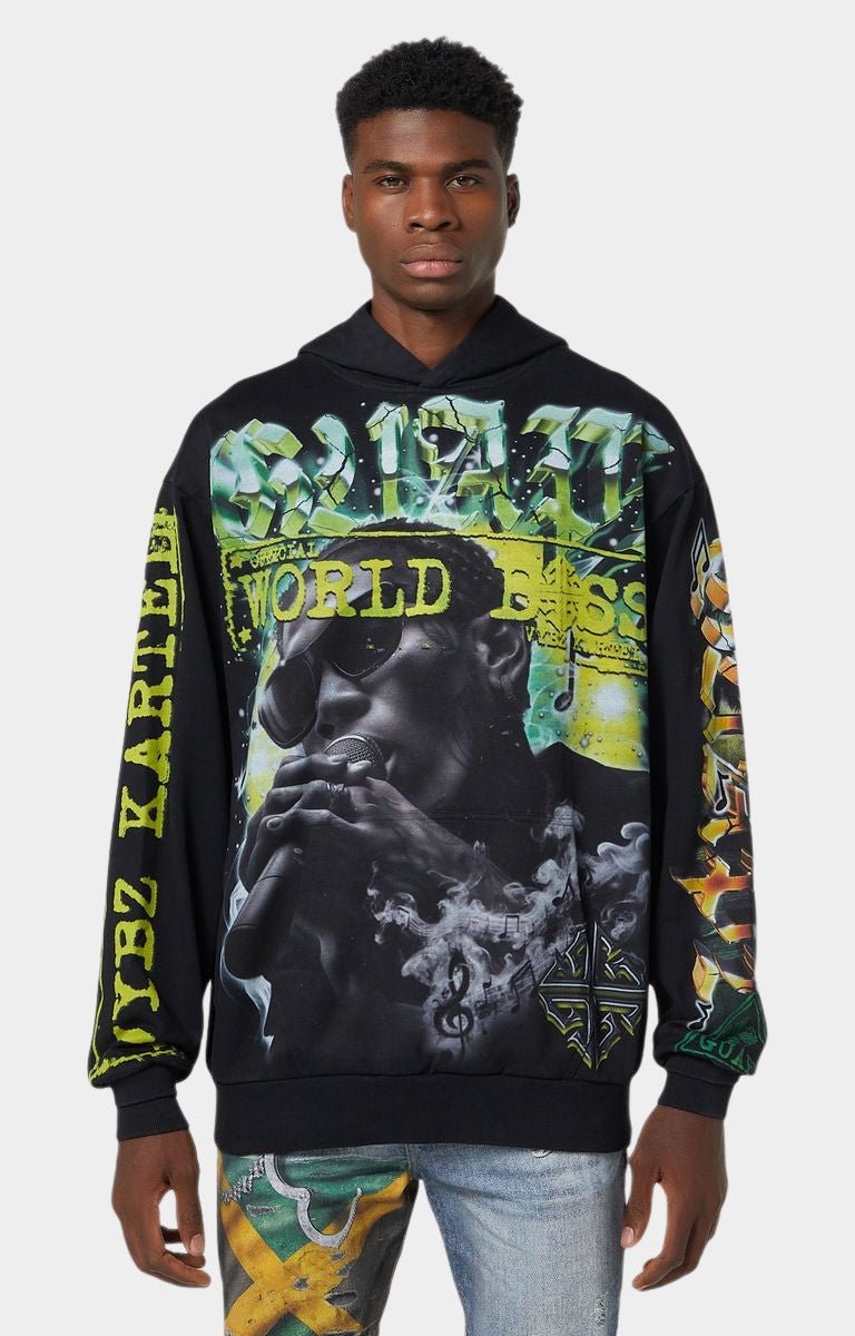 Front view of Guapi Black World Boss Hoodie V2 with Vybz Kartel airbrushed graphic