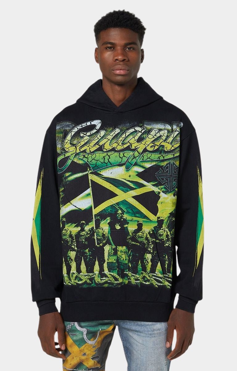 Front view of Guapi Black World Boss Hoodie V1 with Jamaican flag and group graphic