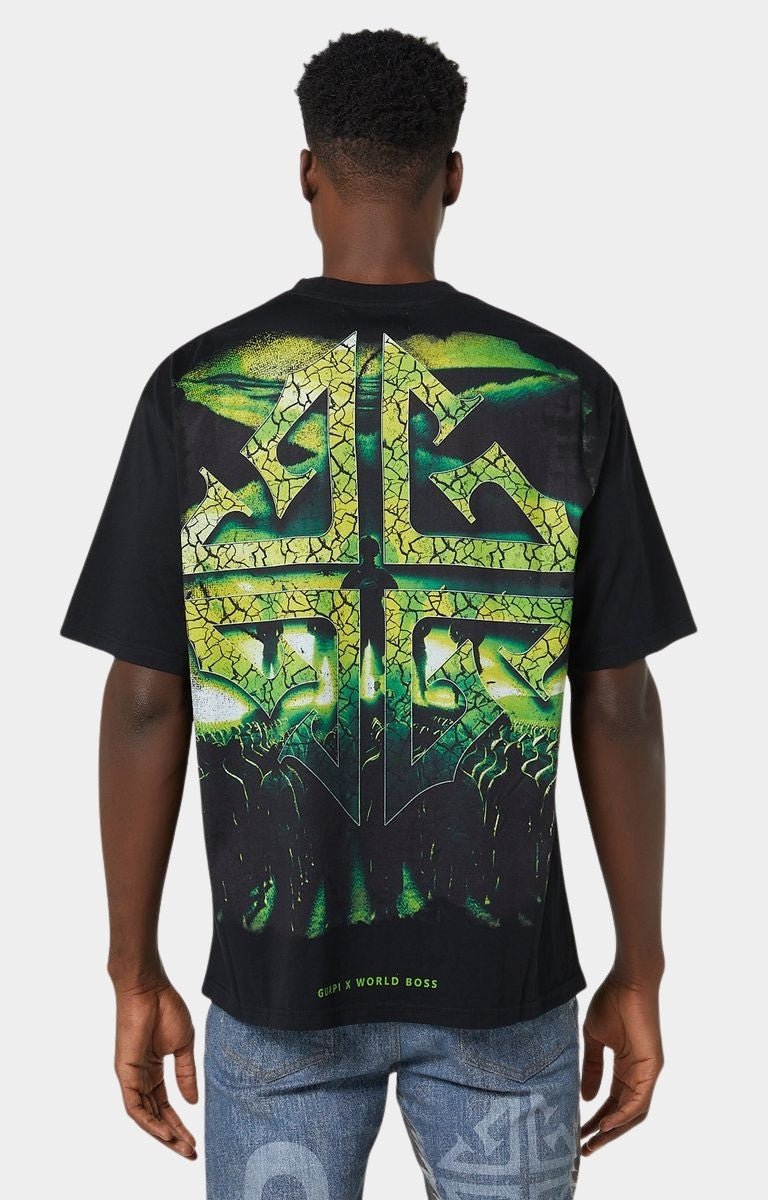 Back view of Guapi Black World Boss Tee V1 showing cracked cross emblem