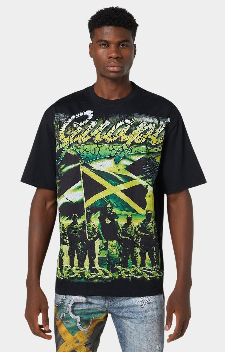 Front view of Guapi Black World Boss Tee V1 with oversized Jamaican-inspired front graphic
