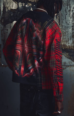 Guapi Blood Eagle Flannel Tee in black and red with eagle artwork and plaid sleeves.