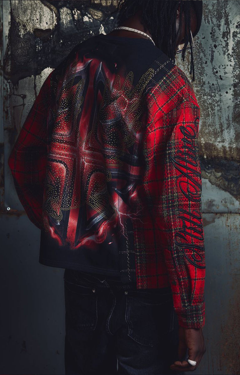 Guapi Blood Eagle Flannel Tee in black and red with eagle artwork and plaid sleeves.