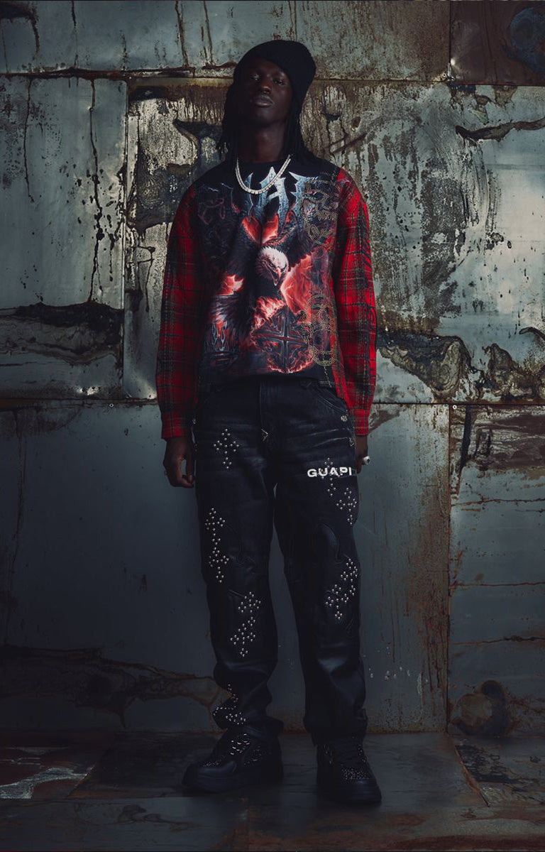 Guapi Blood Eagle Flannel Tee – Black/Red Layered Graphic Shirt