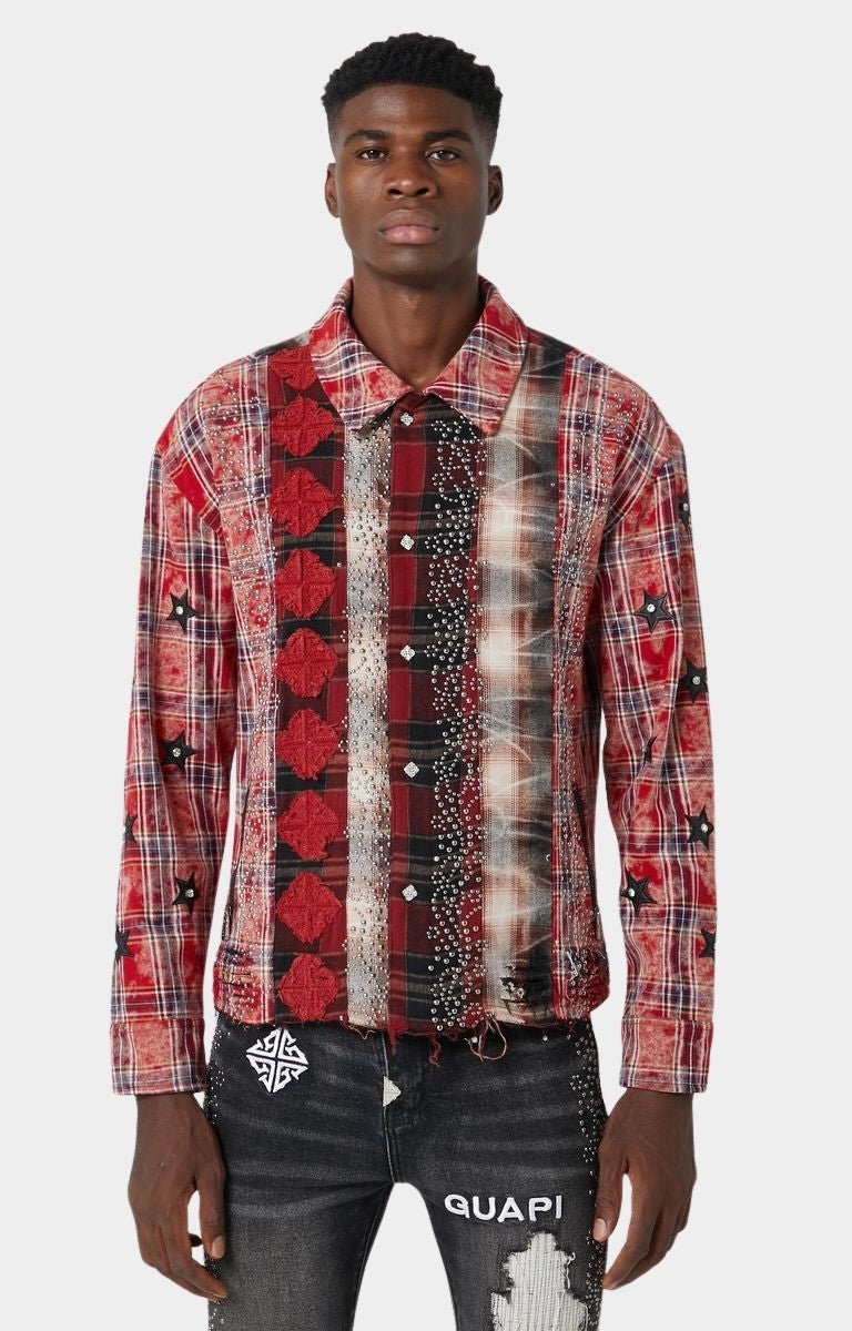 Front view of Guapi Blood Red Patch Flannel with rhinestone patchwork design