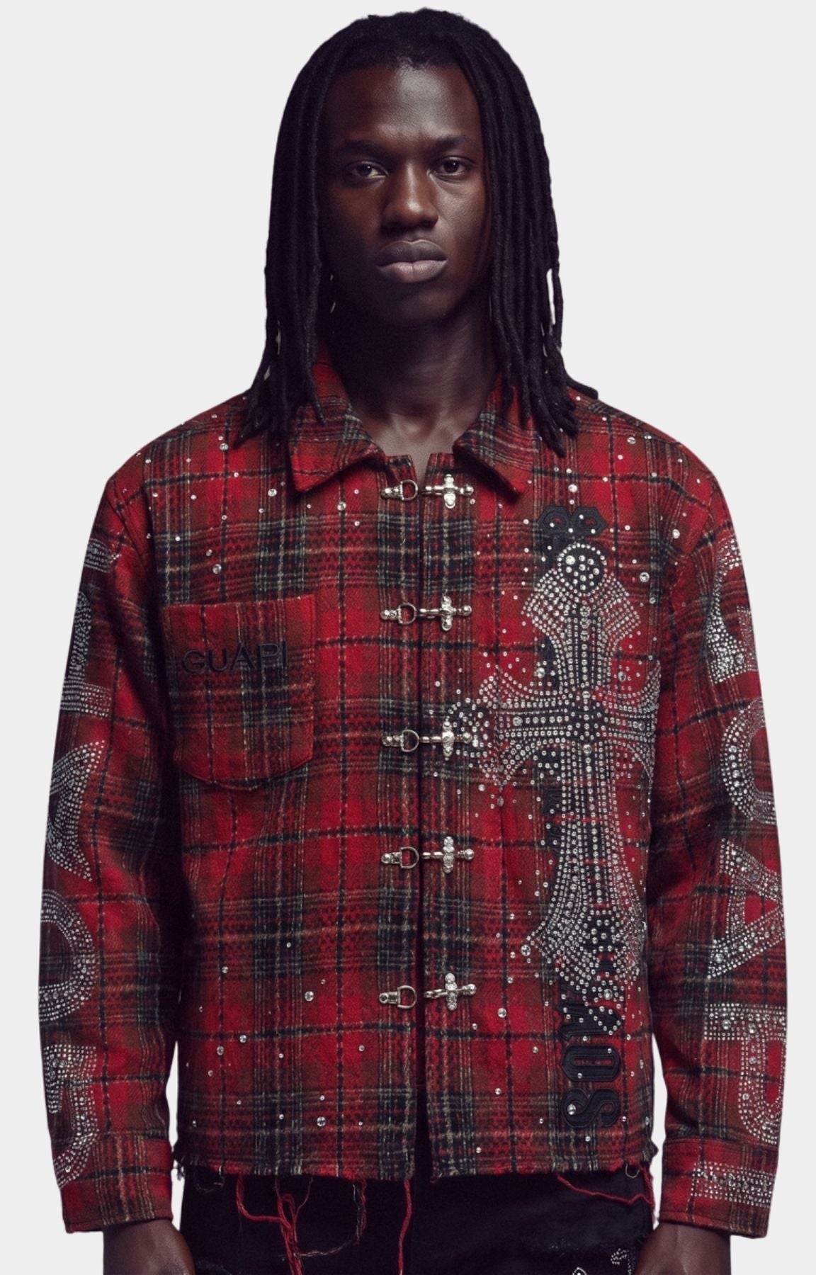 Guapi Blood Red Plaid Shirt front view with toggle aviation clasp front closures and rhinestone embellishments cross on left side and studs all over the shirt.
