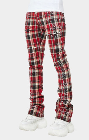 Guapi Blood Red Embellished Flannel Pants – Stacked Skinny with Rhinestones & Distressed Details