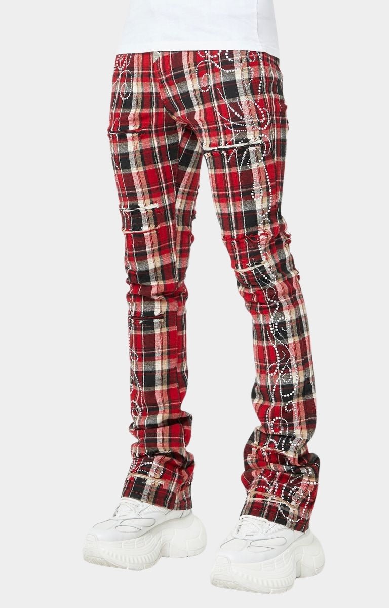 Guapi Blood Red Embellished Flannel Pants – Stacked Skinny with Rhinestones & Distressed Details
