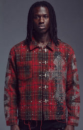 Guapi Blood Red Plaid Shirt. Plaid button-up shirt jacket heavily embellished with silver rhinestones and featuring a large rhinestone cross on the front.