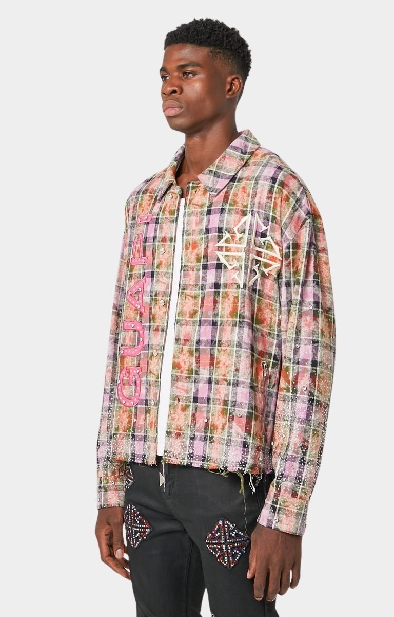 Guapi Blush Pink Rhinestone Flannel worn by the model.