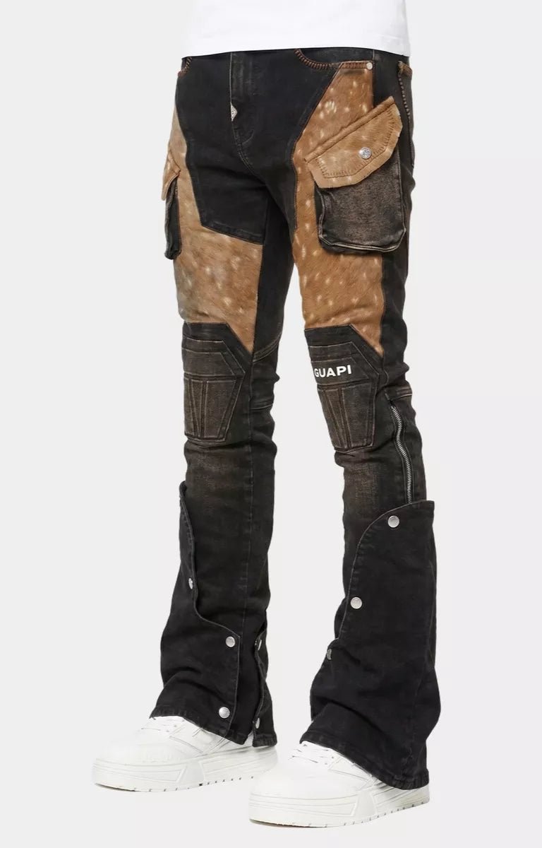 Side profile of luxury biker cargo denim with cowhide panels.