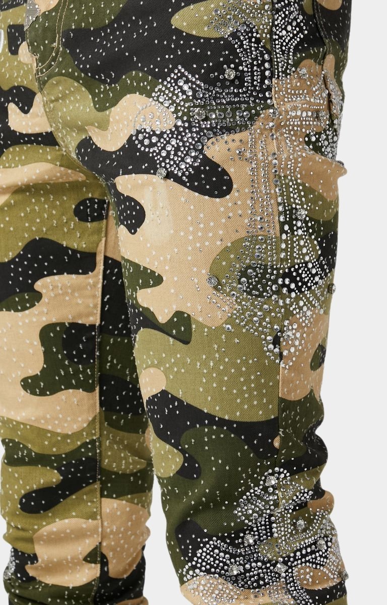 Close-up of rhinestone design on Guapi camo denim pants