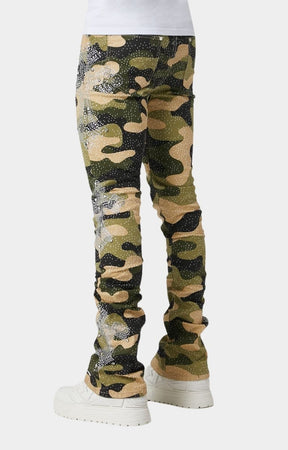 Back view of Guapi camouflage denim with embroidered logos