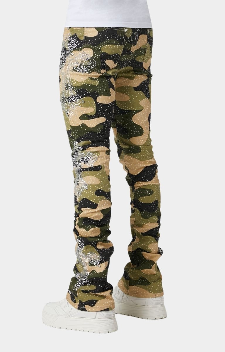 Back view of Guapi camouflage denim with embroidered logos