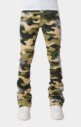 Front view of Guapi Camo Cross Denim skinny jeans with rhinestones.