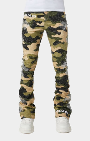 Front view of Guapi Camo Cross Denim skinny jeans with rhinestones.