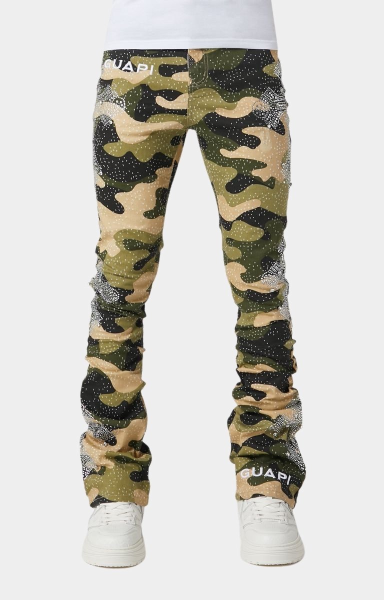 Front view of Guapi Camo Cross Denim skinny jeans with rhinestones.